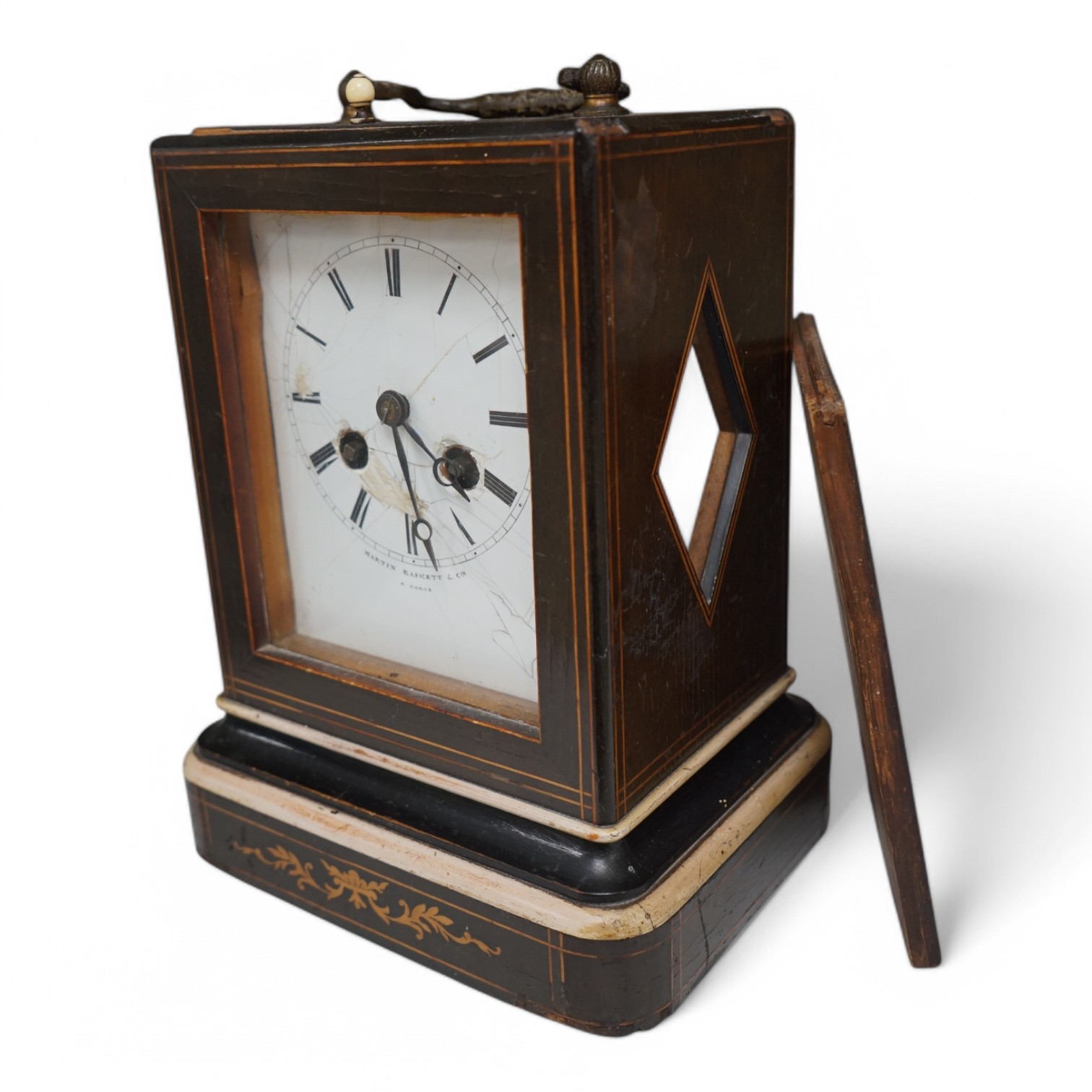 A French inlaid rosewood mantel clock with bone knop, the dial inscribed Martin Baskett. Condition - poor